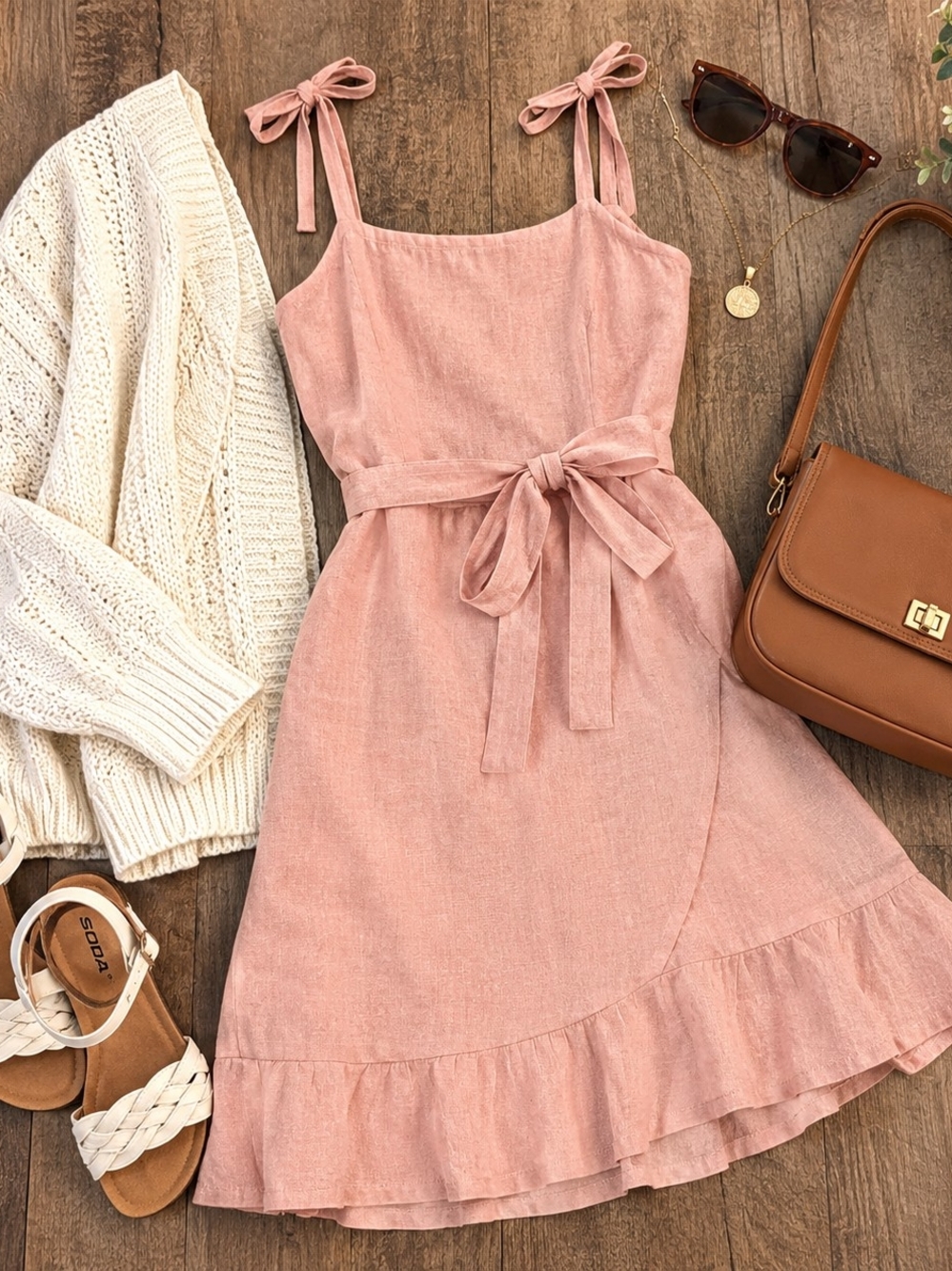 Princess Polly Blush Pink Tie-Shoulder Midi Dress with Waist Bow